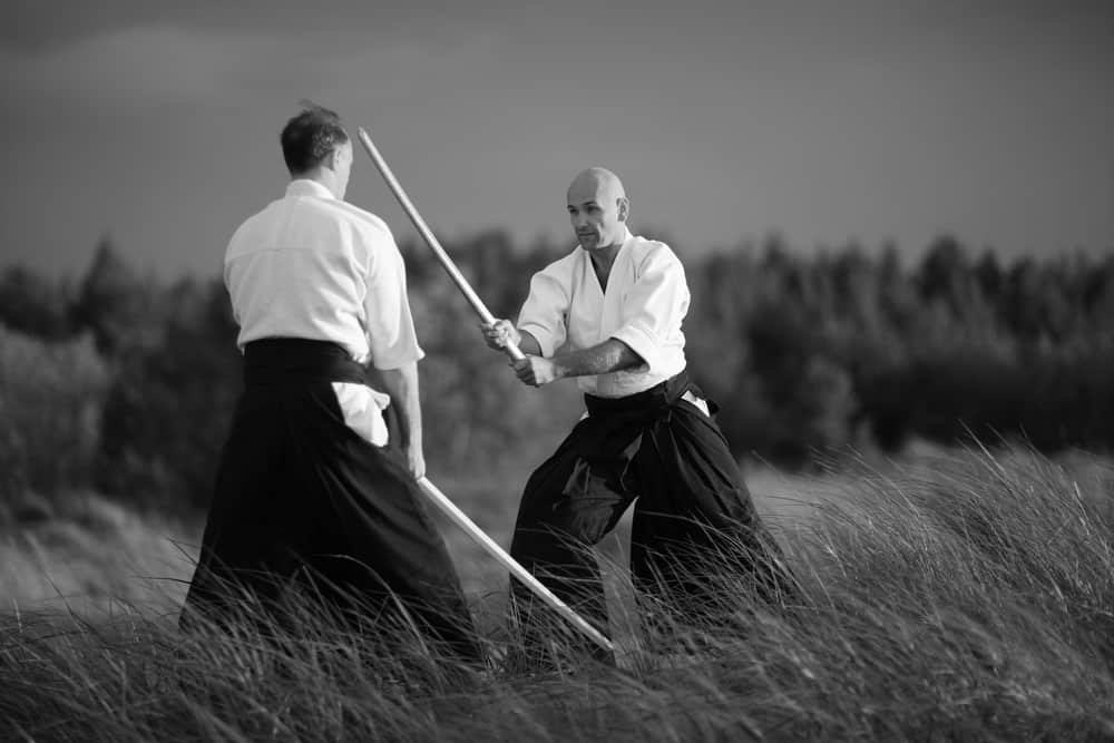 Japanese martial arts practitioners outside, monochrome aikido